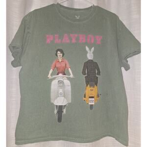 Playboy 1959 Cover Woman & Bunny On Scooters Green Mineral Wash T-Shirt M